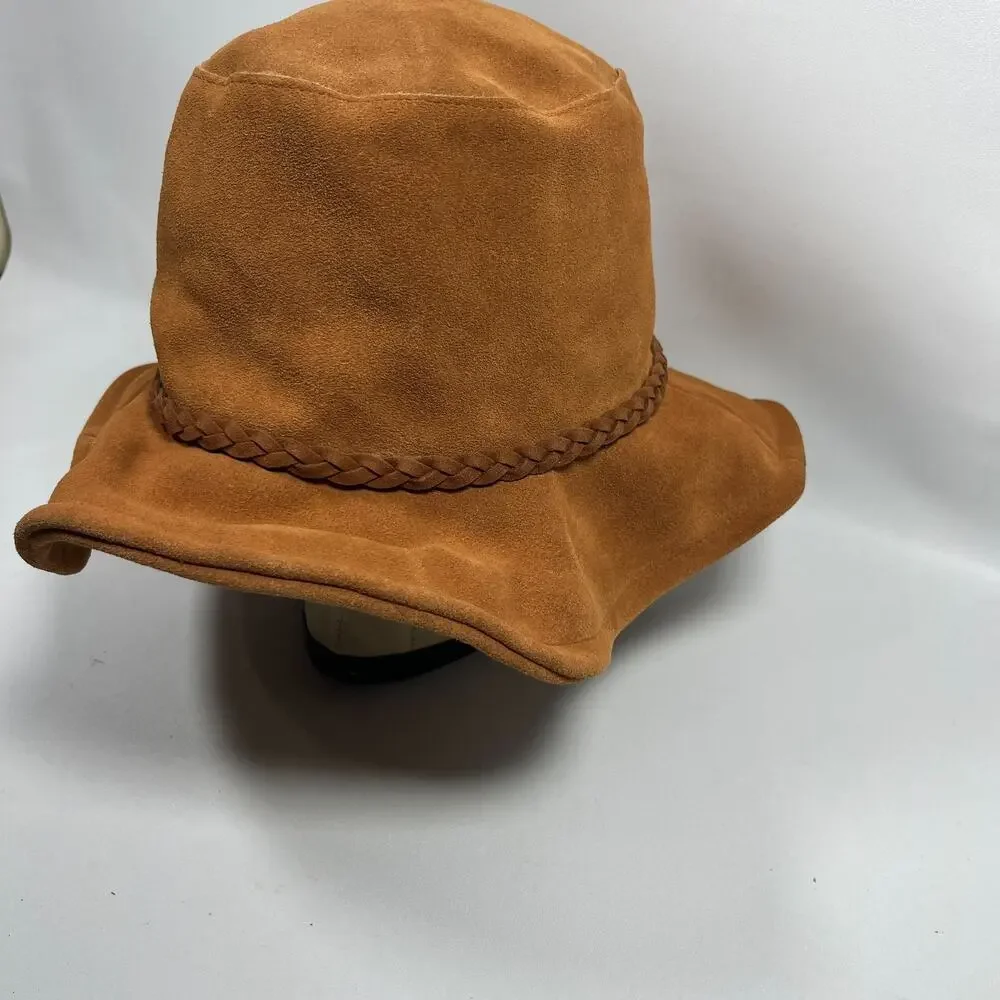 FREE PEOPLE Hat OS Tennessee Suede Leather Floppy Bucket Cap Braided Band Brown